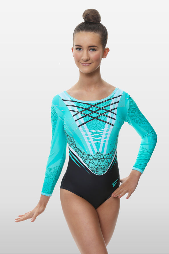 Hyperion Turquoise Long Sleeve Girls Gymnastics Leotard Velocity Pro