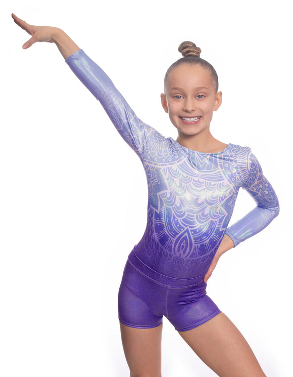 Impulse Blue Shiny Foil Long Sleeve Leotard and Shorts Activewear Set