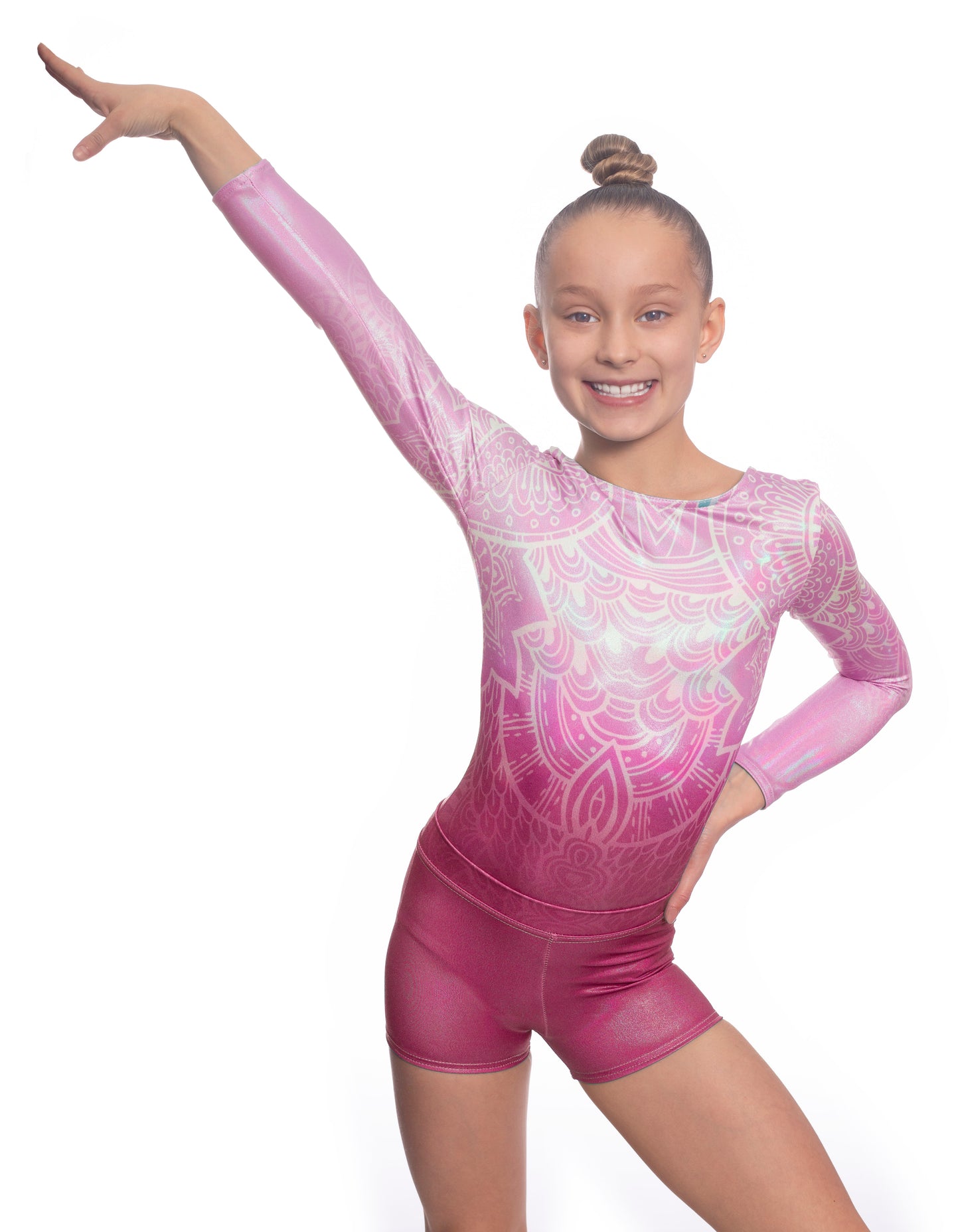 Impulse Pink Shiny Foil Long Sleeve Leotard and Shorts Activewear Set