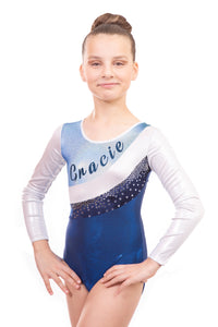 Personalised Jazmin in Light Blue, Silver and Navy Blue Long Sleeved Gymnastics Leotard