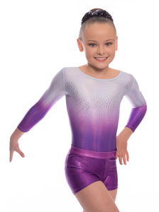 Lumen Silver to Purple Ombre Long Sleeve Leotard and Gym Shorts Combination