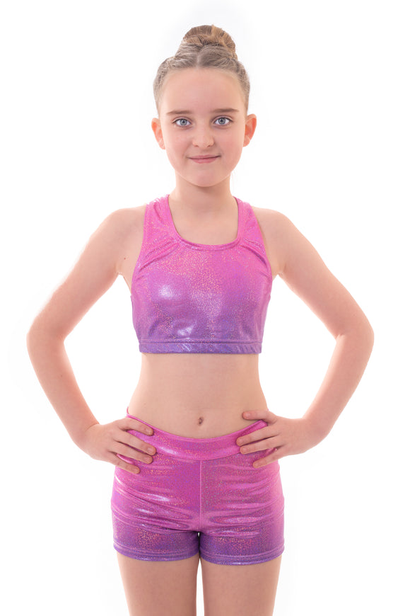 Metallic Pink to Purple Ombre Crop Top and Gym Shorts Set