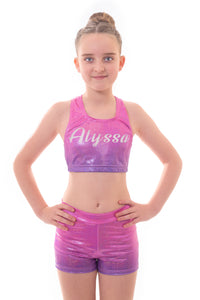 Personalised Metallic Pink to Purple Ombre Crop Top and Gym Shorts Set