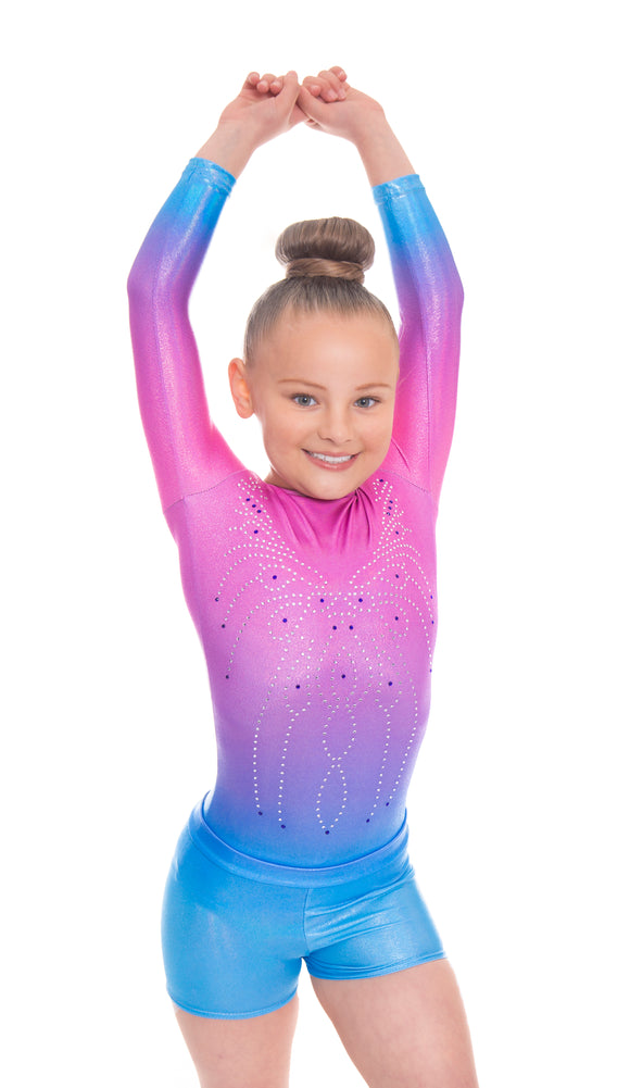 Radiant Pink n Blue Long Sleeve Leotard and Gym Shorts Combination