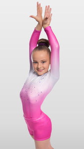Radiant Silver to Pink Ombre Long Sleeve Leotard and Gym Shorts Combination