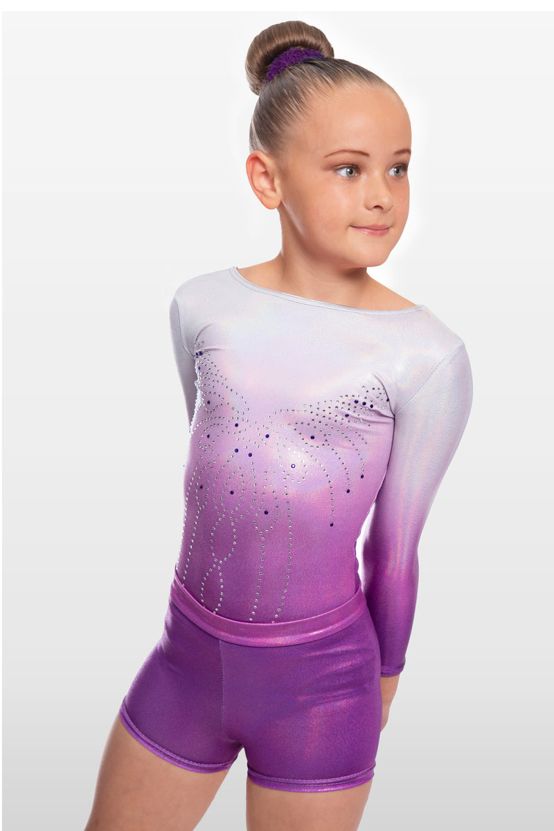 Radiant Silver to Purple Ombre Long Sleeve Leotard and Gym Shorts Comb ...