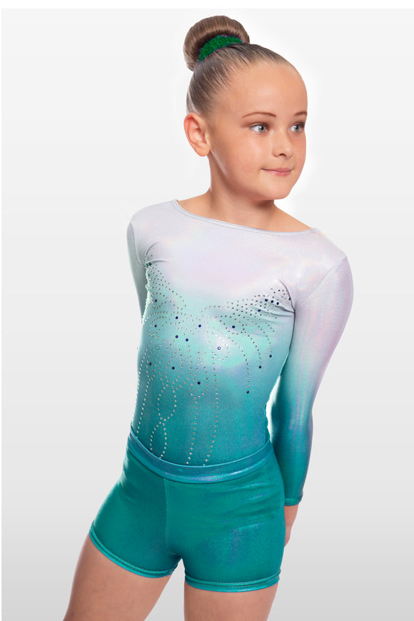 Radiant Silver to Turquoise Ombre Long Sleeve Leotard and Gym Shorts Combination