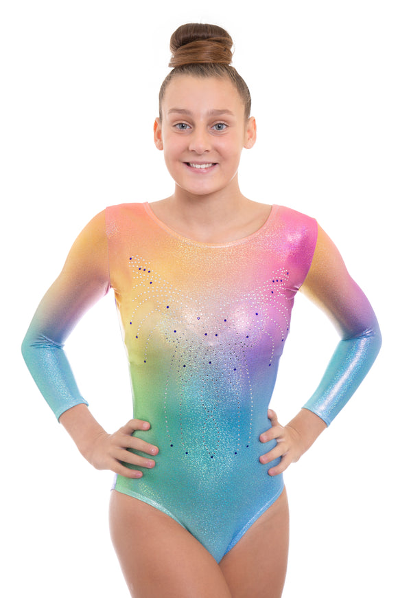 Radiant Rainbow Holographic Deluxe Long Sleeve Gymnastics Leotard