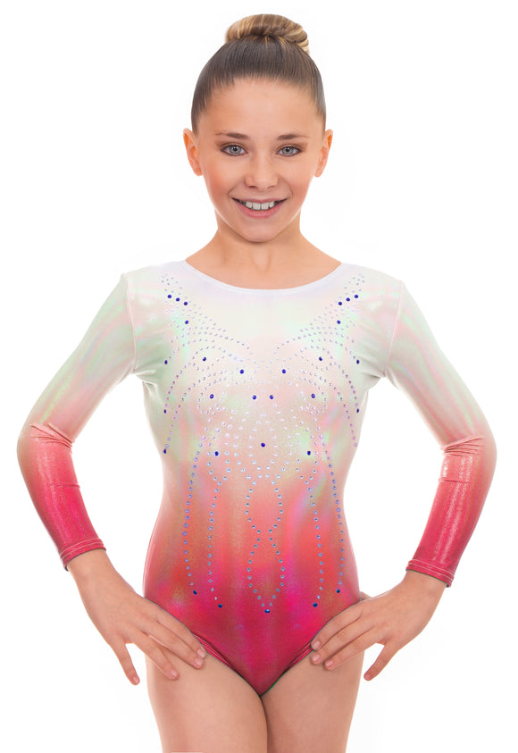 'Radiant' Silver to Red Ombre Long Sleeved Gymnastic Leotard
