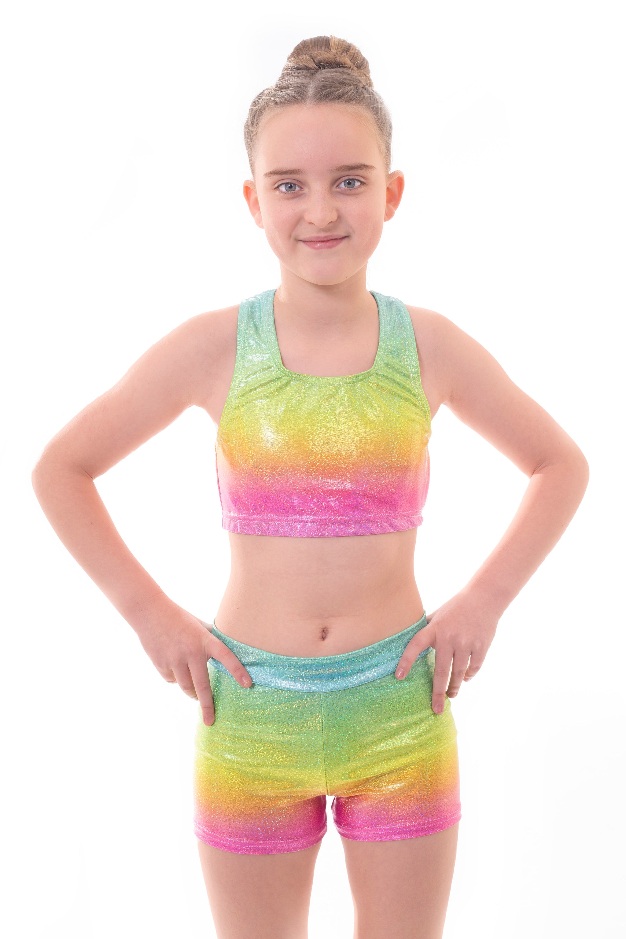 Metallic Blaze Rainbow Ombre Crop Top and Gym Shorts Set