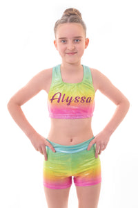 Personalised Metallic Blaze Rainbow Ombre Crop Top and Gym Shorts Set