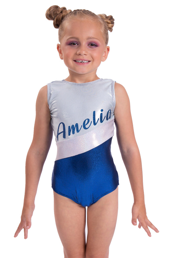Personalised Shimmer Blue, Ice White and Silver Stripe Short Sleeved Gymnastic Training Leotard