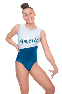 Personalised Shimmer Turquoise, Ice White and Silver Stripe Short Sleeved Gymnastic Training Leotard