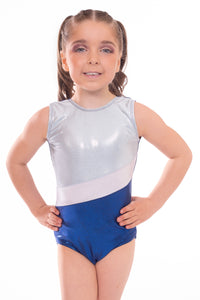 'Shimmer' Blue, Ice White and Silver Stripe Short Sleeved Gymnastic Training Leotard