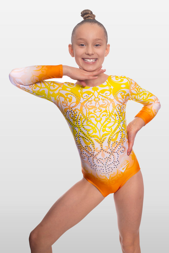 Festival Orange and Yellow Long Sleeve Deluxe Gymnastics Leotard