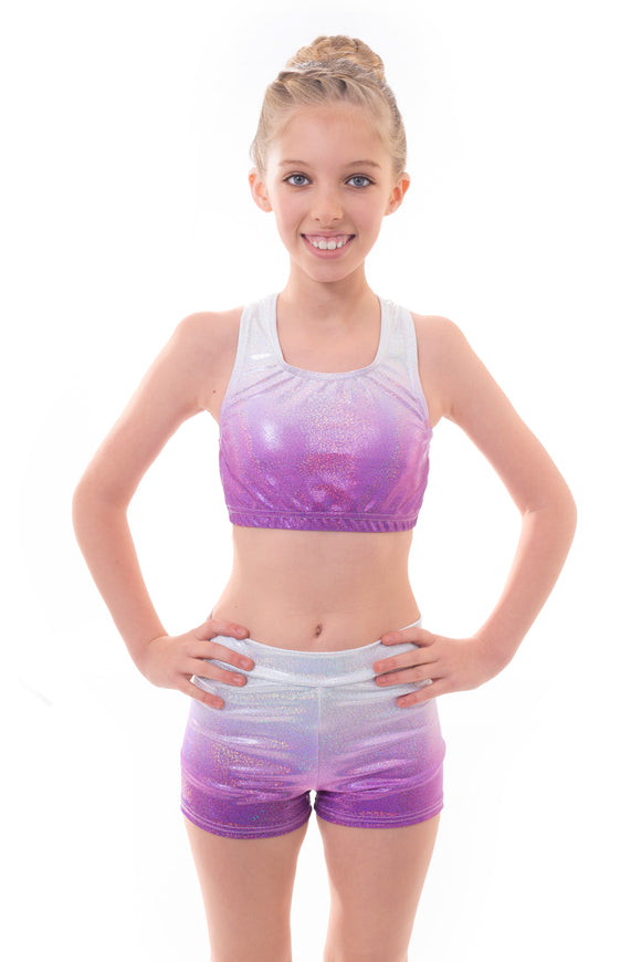 Metallic Silver to Purple Ombre Crop Top and Gym Shorts Set