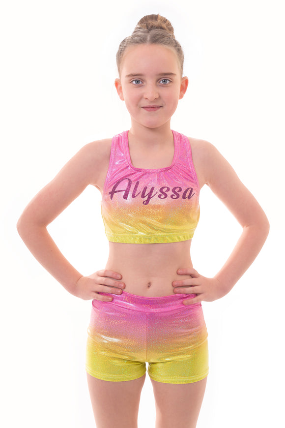 Personalised Metallic Summer Ombre Crop Top and Gym Shorts Set