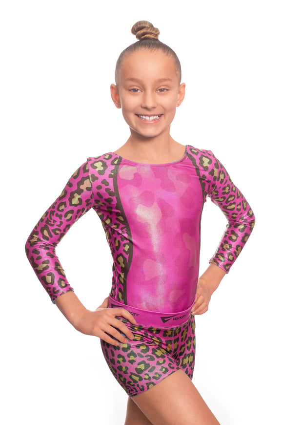 Wild Pink Leopard Print Long Sleeve Leotard and Gym Shorts Activewear Set