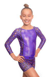 Wild Purple Leopard Print Long Sleeve Leotard and Gym Shorts Activewear Set