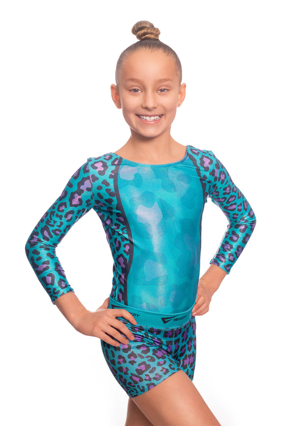 Wild Turquoise Leopard Print Long Sleeve Leotard and Gym Shorts Activewear Set