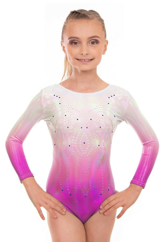 Deluxe 'Radiant' Silver to Pink Ombre Long Sleeved Gymnastic Leotard